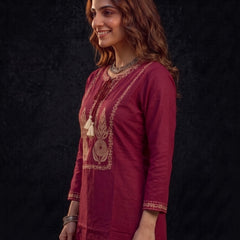 Maroon Kurta with Gold Embroidery and Tassel Tie