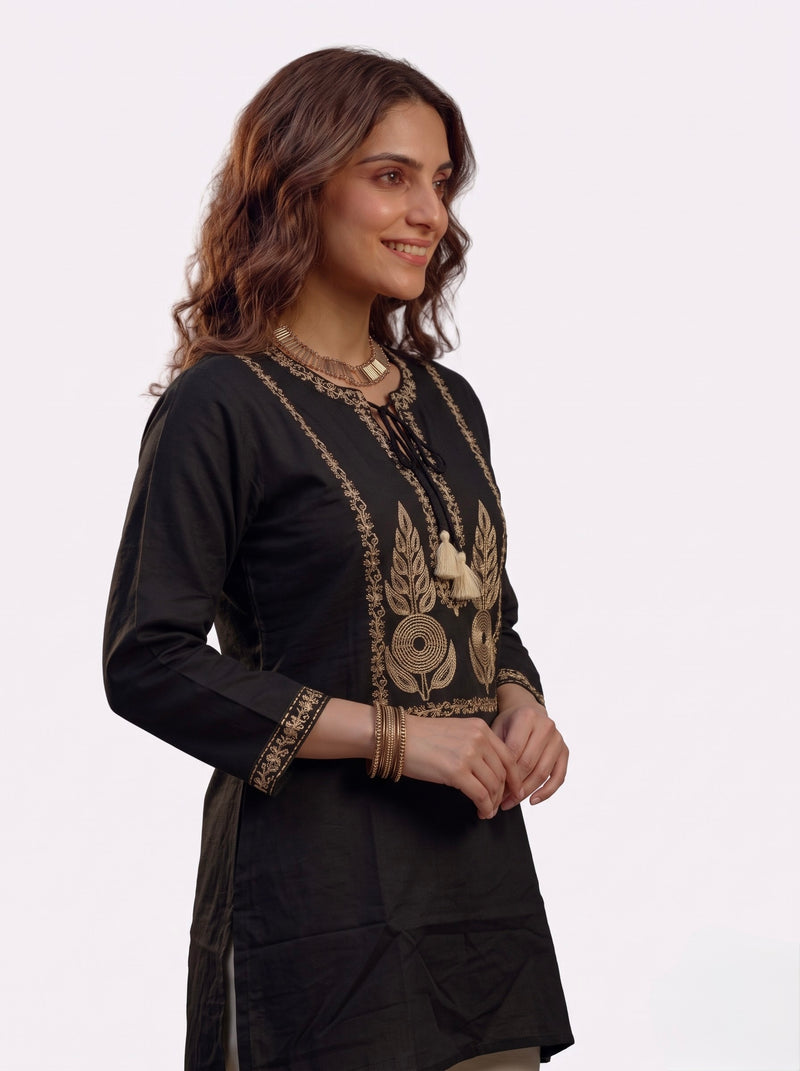 Black Kurta with Gold Zari Embroidery and Tassel Tie