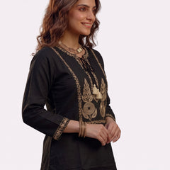 Black Kurta with Gold Zari Embroidery and Tassel Tie