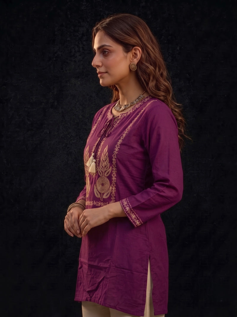 Magenta Kurta with Gold Embroidery and Tassel Tie