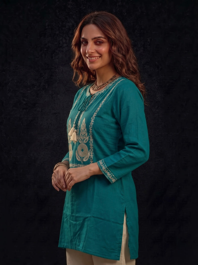 Teal Kurta with Gold Embroidery and Tassel Tie