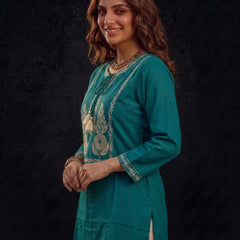 Teal Kurta with Gold Embroidery and Tassel Tie