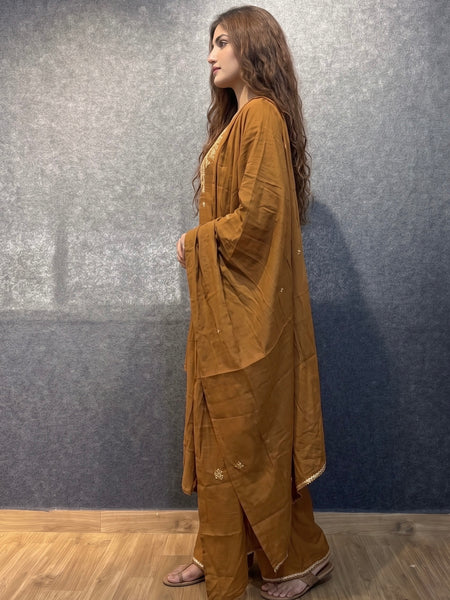 Caramel Brown Embroidered Kurta Set with Palazzo and Dupatta