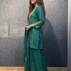 Emerald Green Embroidered Kurta Set with Palazzo and Dupatta
