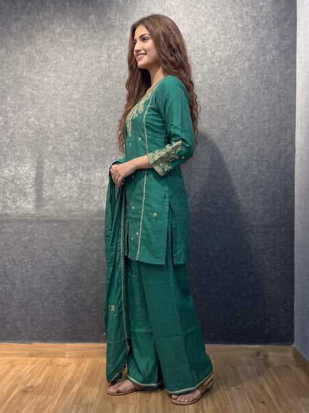 Emerald Green Embroidered Kurta Set with Palazzo and Dupatta