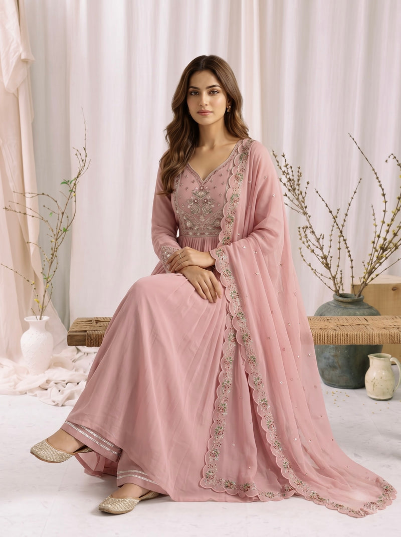 Dusty Pink Embroidered Anarkali Suit