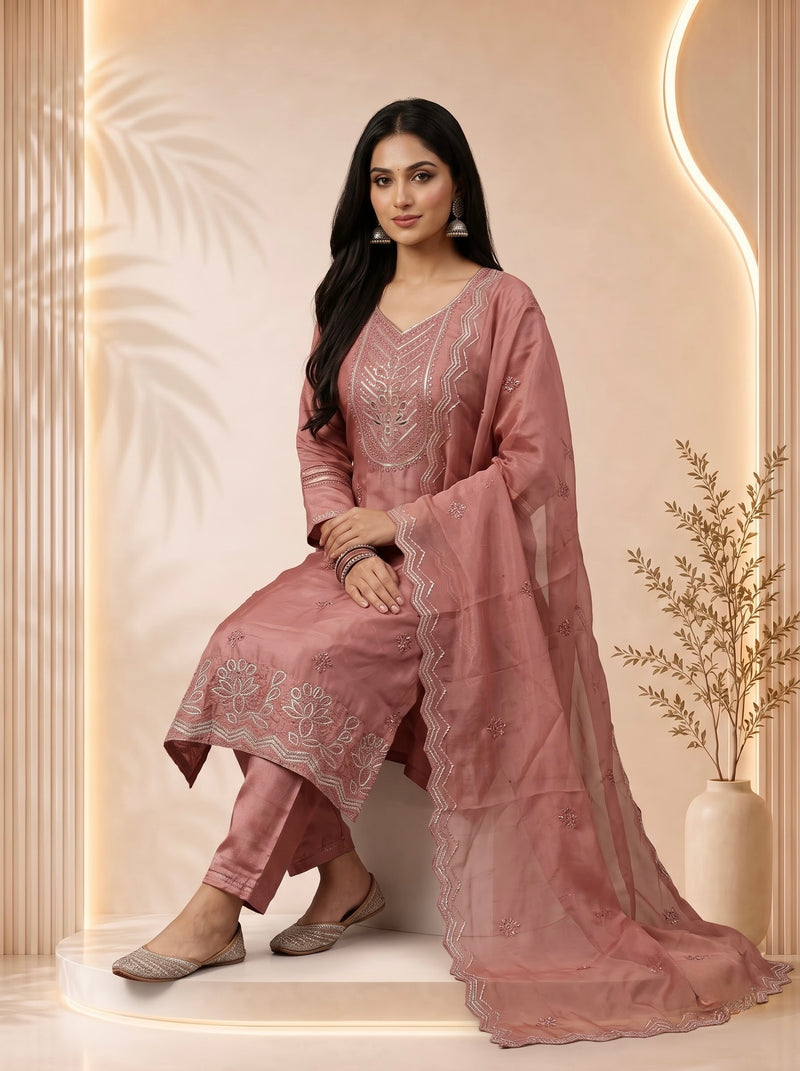 Mauve Silk Suit with Silver Zari Embroidery