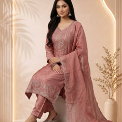 Mauve Silk Suit with Silver Zari Embroidery