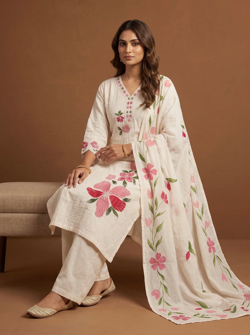 Off-White Cotton Kurta with Floral Dupatta