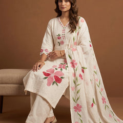 Off-White Cotton Kurta with Floral Dupatta