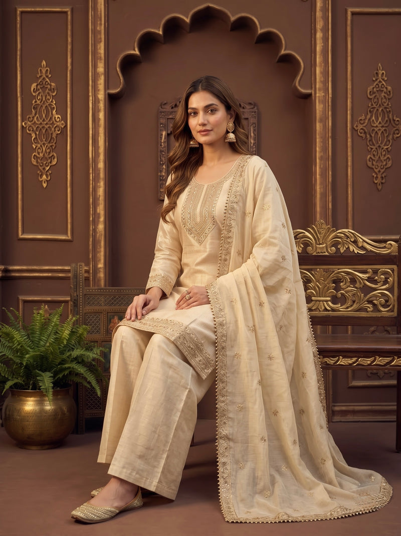OffWhite Cream Zari-Embroidered Kurta with Dupatta