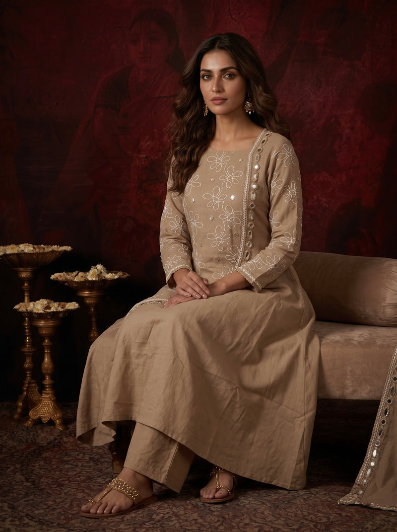 Beige Floral Embroidered Kurta with Mirror-Work Trim