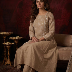 Beige Floral Embroidered Kurta with Mirror-Work Trim