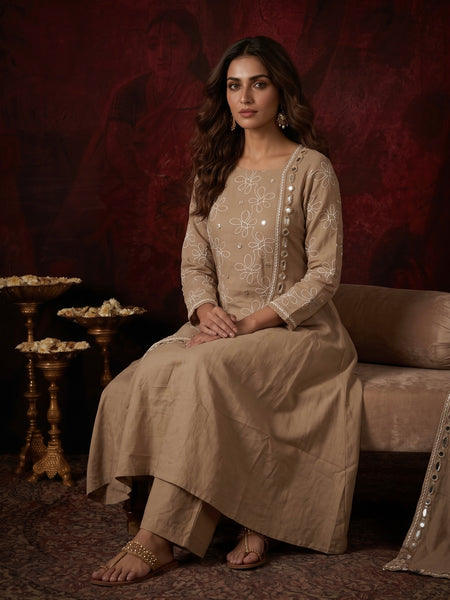 Beige Floral Embroidered Kurta with Mirror-Work Trim