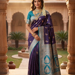 Deep Violet Purple Art Silk Banarasi Saree with Teal Blue Contrast Border & Blouse Piece