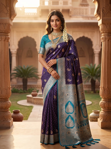 Deep Violet Purple Art Silk Banarasi Saree with Teal Blue Contrast Border & Blouse Piece