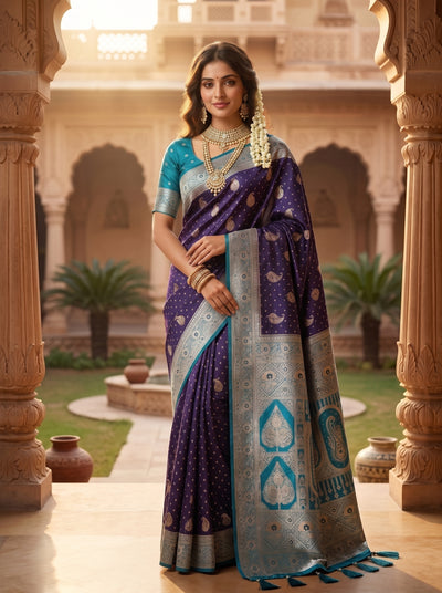 Deep Violet Purple Art Silk Banarasi Saree with Teal Blue Contrast Border & Blouse Piece