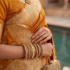 Mustard Yellow Banarasi Silk Saree with Golden Zari Butti Work, Woven Border & Traditional Designer Pallu for Women