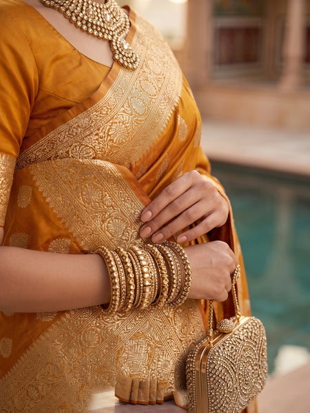 Mustard Yellow Banarasi Silk Saree with Golden Zari Butti Work, Woven Border & Traditional Designer Pallu for Women