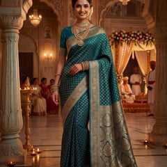 Teal Blue Banarasi Silk Saree with Golden Zari Butti Work, Broad Woven Border & Rich Designer Pallu for Women