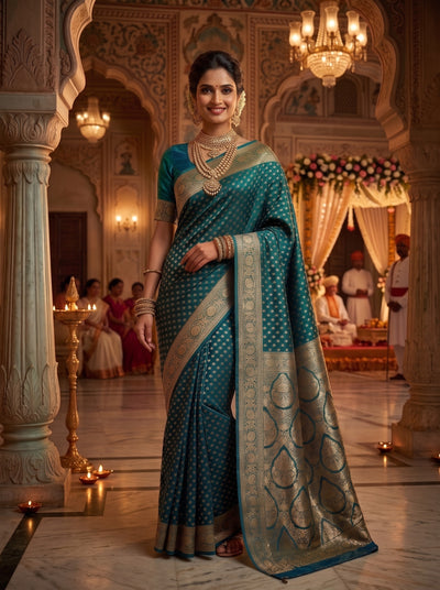 Teal Blue Banarasi Silk Saree with Golden Zari Butti Work, Broad Woven Border & Rich Designer Pallu for Women