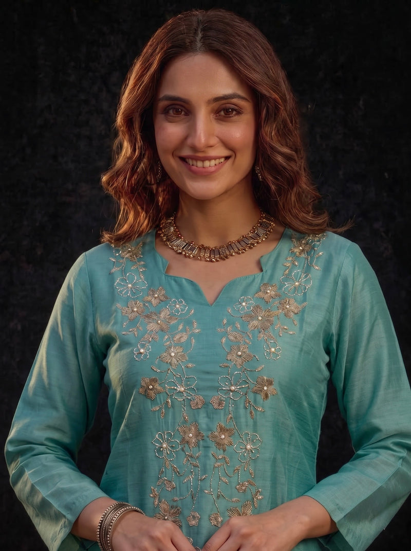 Teal Tunic with Gold and White Floral Embroidery