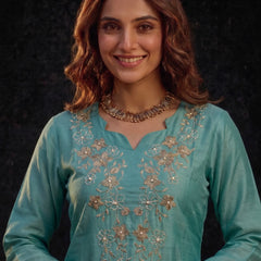 Teal Tunic with Gold and White Floral Embroidery
