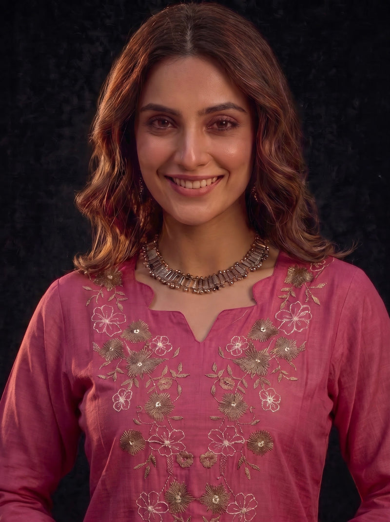Rose Pink Tunic with Gold and White Floral Embroidery