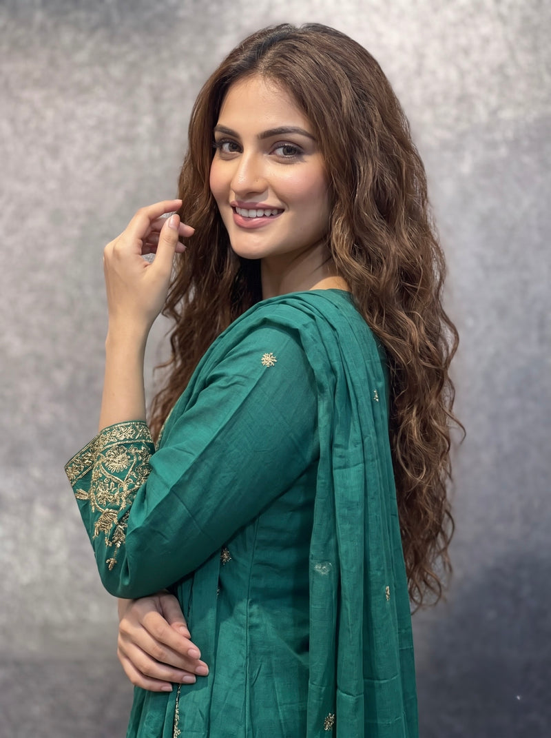 Emerald Green Embroidered Kurta Set with Palazzo and Dupatta