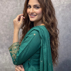 Emerald Green Embroidered Kurta Set with Palazzo and Dupatta