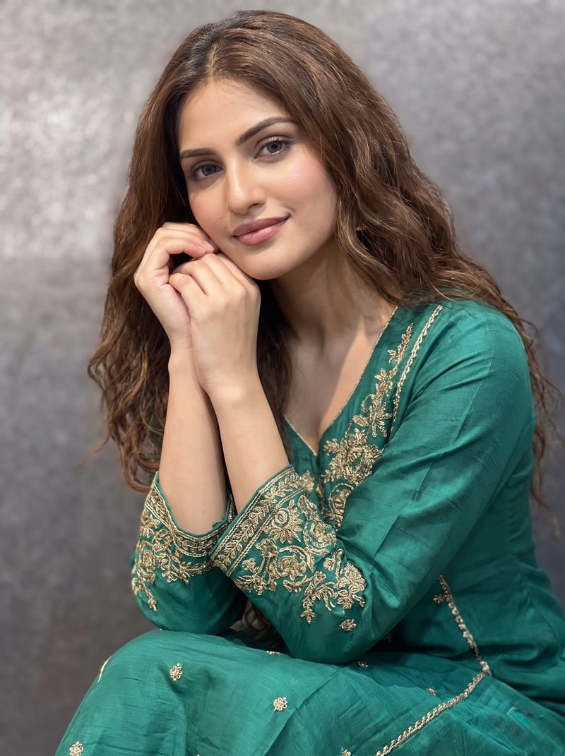 Emerald Green Embroidered Kurta Set with Palazzo and Dupatta