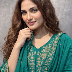 Emerald Green Embroidered Kurta Set with Palazzo and Dupatta