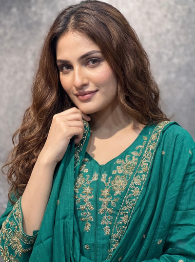 Emerald Green Embroidered Kurta Set with Palazzo and Dupatta