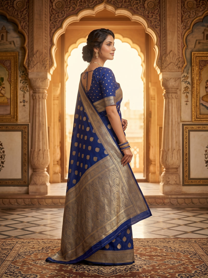 Royal Blue Banarasi Silk Saree with Golden Zari Butti Work, Traditional Woven Border & Rich Designer Pallu for Women
