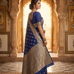 Royal Blue Banarasi Silk Saree with Golden Zari Butti Work, Traditional Woven Border & Rich Designer Pallu for Women