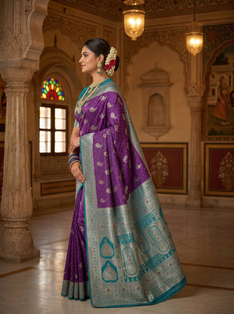 Royal Purple Art Silk Banarasi Saree with Peacock Blue Contrast Border & Blouse Piece