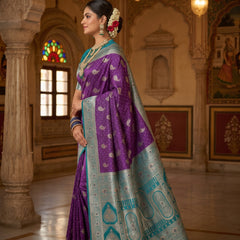 Royal Purple Art Silk Banarasi Saree with Peacock Blue Contrast Border & Blouse Piece