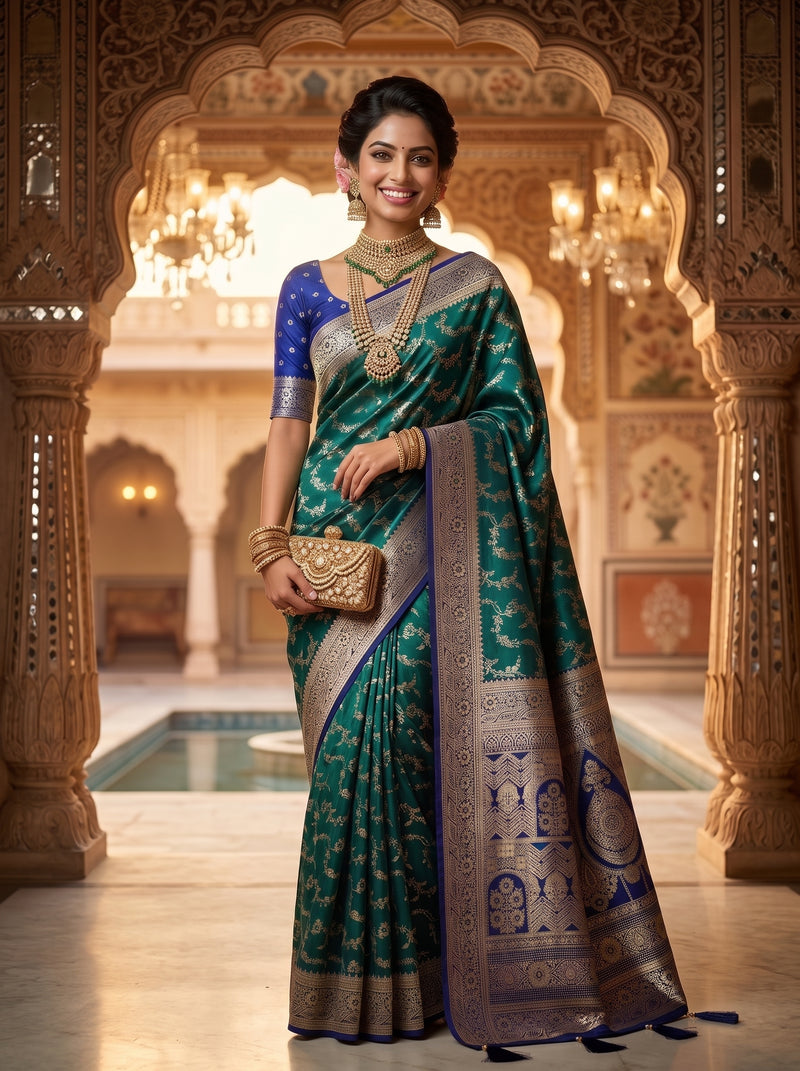 Royal Emerald Green Art Silk Banarasi Saree with Sapphire Blue Contrast Border & Pallu