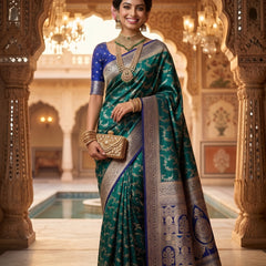 Royal Emerald Green Art Silk Banarasi Saree with Sapphire Blue Contrast Border & Pallu
