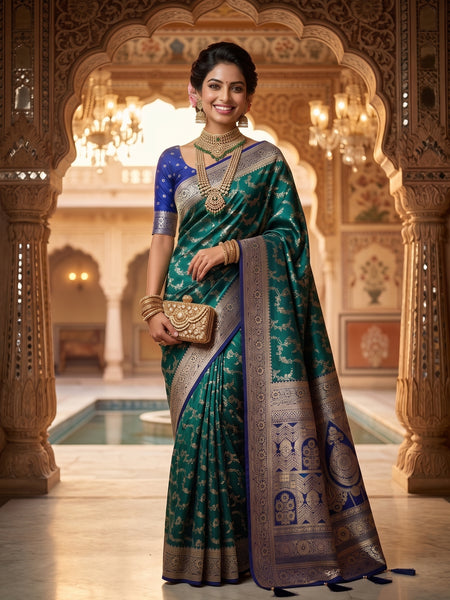 Royal Emerald Green Art Silk Banarasi Saree with Sapphire Blue Contrast Border & Pallu