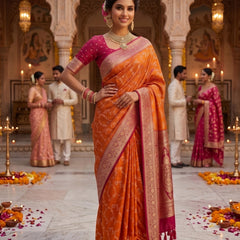 Radiant Orange Banarasi Silk Saree with Rich Magenta Contrast Border and Blouse