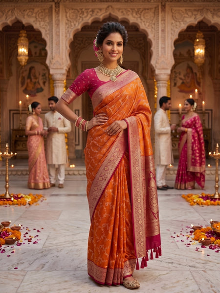Radiant Orange Banarasi Silk Saree with Rich Magenta Contrast Border and Blouse