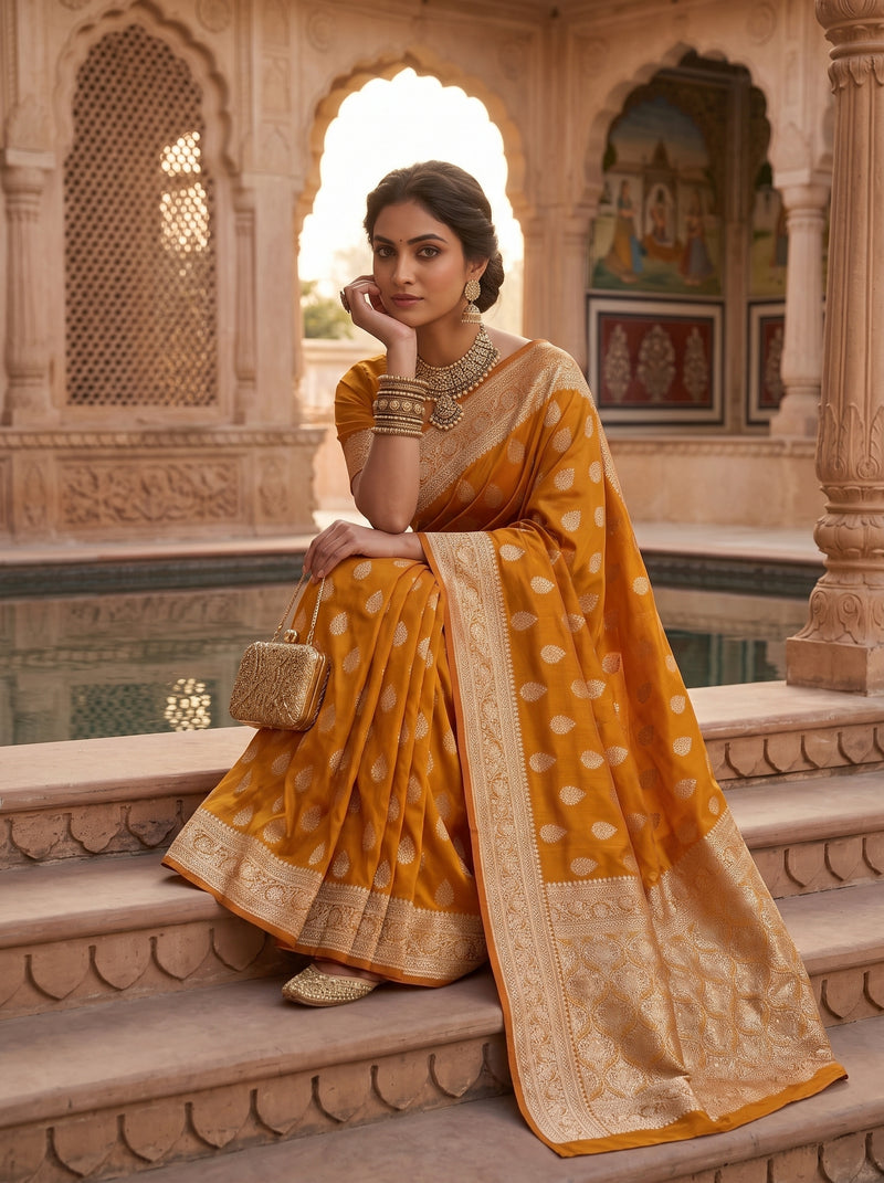 Mustard Yellow Banarasi Silk Saree with Golden Zari Butti Work, Woven Border & Traditional Designer Pallu for Women