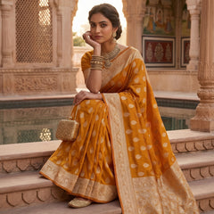 Mustard Yellow Banarasi Silk Saree with Golden Zari Butti Work, Woven Border & Traditional Designer Pallu for Women