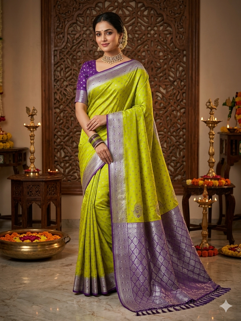 Radiant Orange Banarasi Silk Saree with Rich Magenta Contrast Border and Blouse