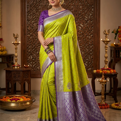 Radiant Orange Banarasi Silk Saree with Rich Magenta Contrast Border and Blouse