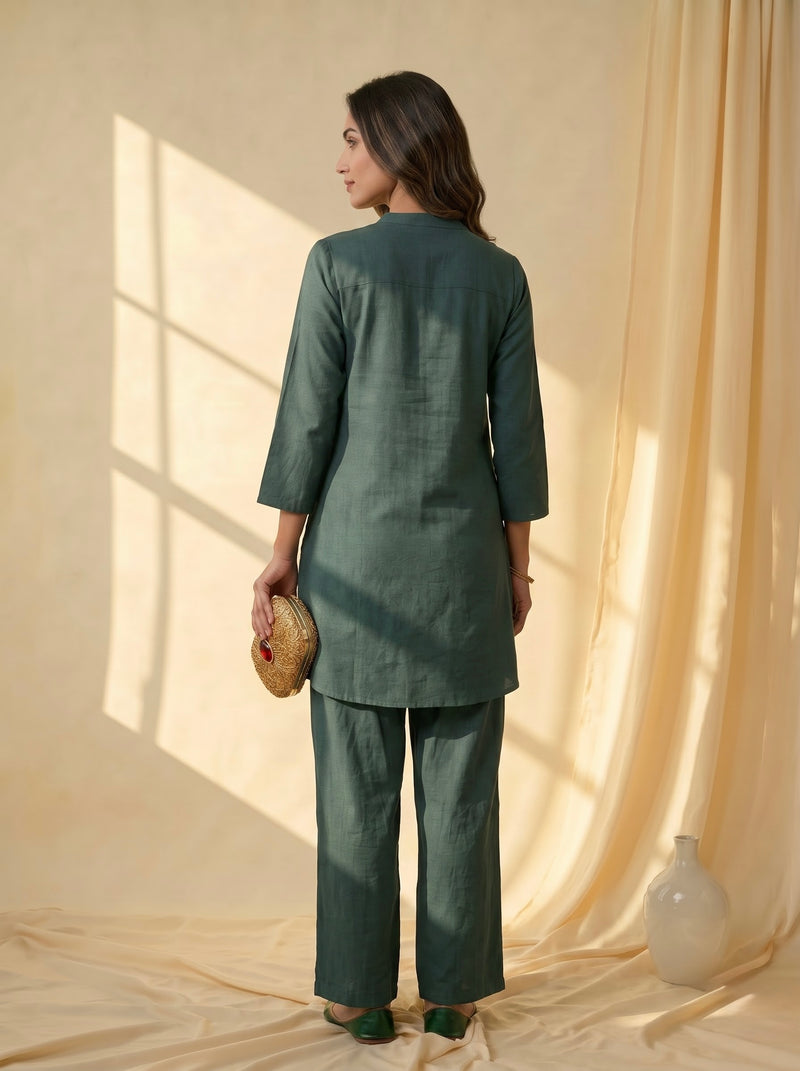 Forest Green Linen Co-ord Set with Gold Sunburst Embroidery