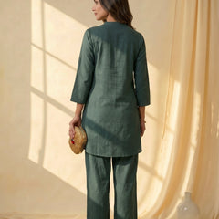 Forest Green Linen Co-ord Set with Gold Sunburst Embroidery