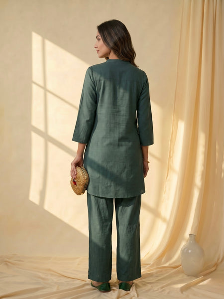 Forest Green Linen Co-ord Set with Gold Sunburst Embroidery