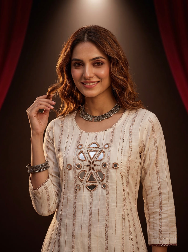 Ivory Mirror-Work Kurta with Palazzo Set